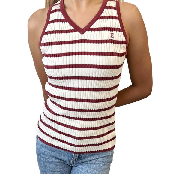 CHANEL Vintage 98P CC Mark Logo Rib Knit Tank Top Striped #40 Red White [106342] - Picture 1 of 11